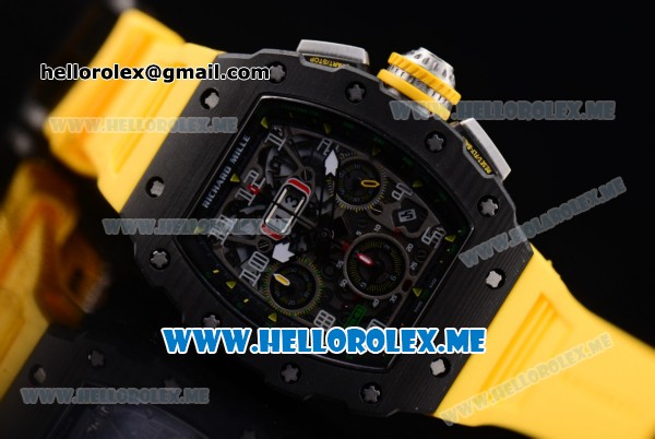 Richard Mille RM 11-03 Swiss Valjoux 7750 Automatic PVD Case with Skeleton Dial and Yellow Rubber Strap Arabic Numeral Markers - Click Image to Close